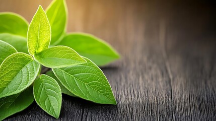 Fresh green leaves on wood