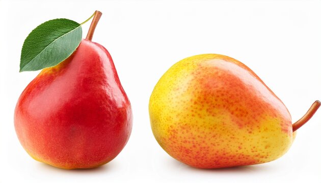 red yellow pear fruit with leaf isolated on white