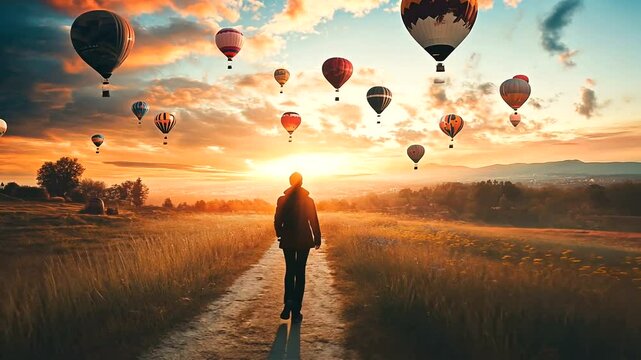 A serene sunset scene with a person walking along a path, surrounded by colorful hot air balloons in the sky