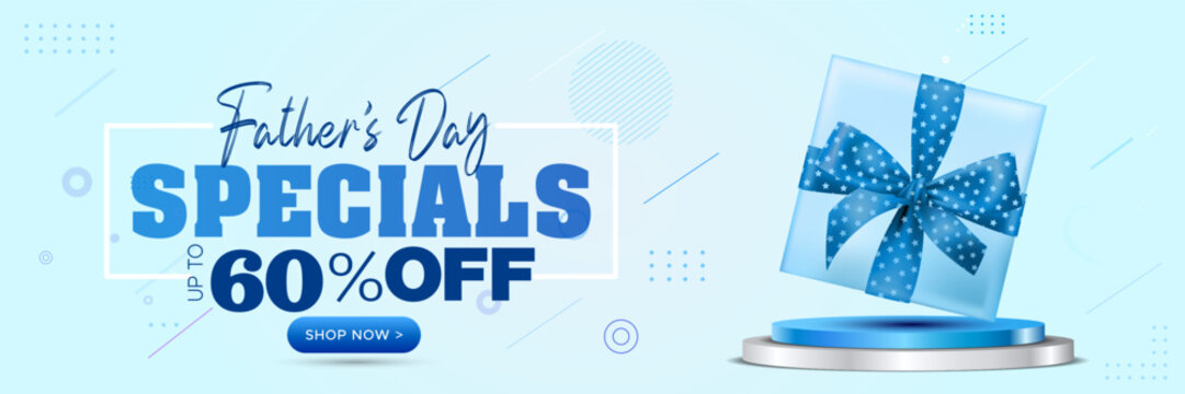Father's day sale promotion banner design. Special discount, offer, deals upto 50% off with product display podium concept.
