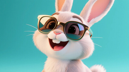 선글라스를 쓴 귀여운 토끼가 입을 벌리고 웃고 있는 유쾌하고 생동감 있는 고해상도(A hilarious and vibrant high resolution image of a cute rabbit wearing sunglasses smiling with its mouth open)