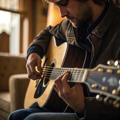 Fototapeta premium Man Playing Acoustic Guitar Indoors , Close-Up of Hands and Strings