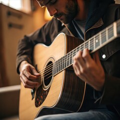 Fototapeta premium Man Playing Acoustic Guitar Indoors , Close-Up of Hands and Strings