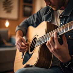 Obraz premium Man Playing Acoustic Guitar Indoors , Close-Up of Hands and Strings