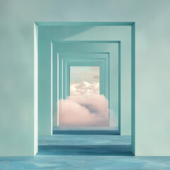 Naklejka premium Pastel hallway with cloudscape view.
