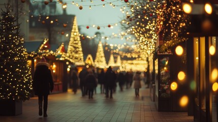 Festive Outdoor Market with Christmas Trees and Crowds in Holiday Season