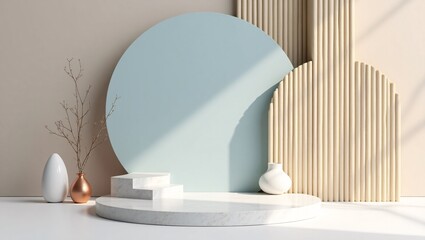 Minimalist 3D Product Display Scene with Marble Podium and Modern Geometric Background in Soft Pastel Tones