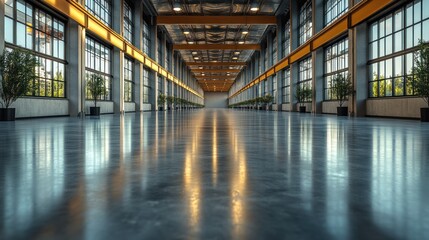 Fototapeta premium Industrial Hallway with Polished Floor and Large Windows