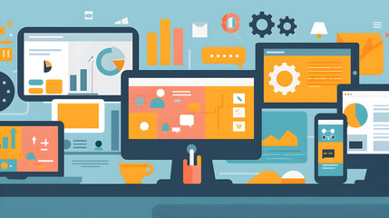 Illustration of multiple devices displaying data charts and other information on a desk setting