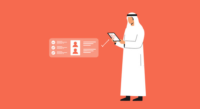 Arab Businessman Holding Digital Tablet With Interface On Coral Background