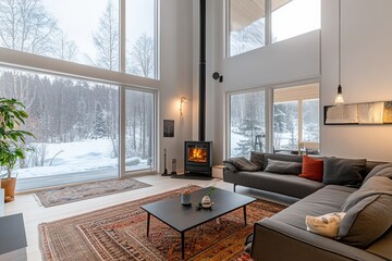 Modern, open-plan living room with a wood-burning stove and floor-to-ceiling windows overlooking a snowy landscape