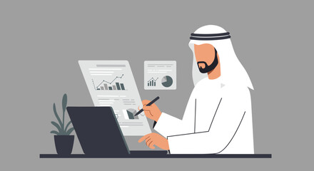 Arab Businessman Reviews Financial Documents And Uses A Laptop At His Desk In A Modern Office