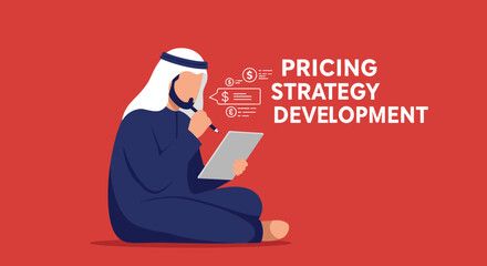 Arab Businessman Seated Contemplating Pricing Strategy Development on Red Background in Digital Illustration