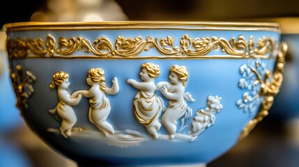 Fototapeta premium Detailed porcelain bowl decorated with cherubs and gold trim.