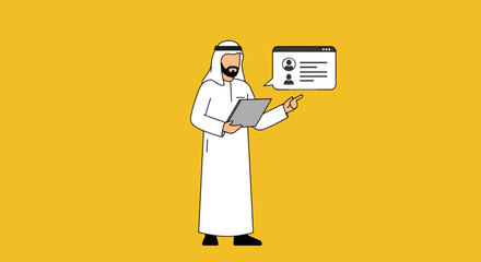 Arab Man Holding Tablet Presenting Online Profile Page in White Traditional Attire on Yellow Background
