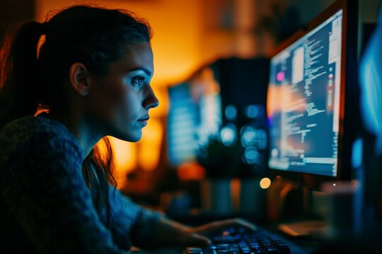 Focused woman coding on computer in dimly lit office.
