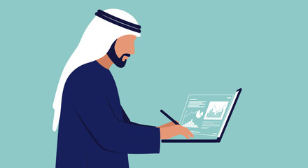 Arab Man In Traditional Attire Typing On A Laptop With Pixelated Style On A Blue Background