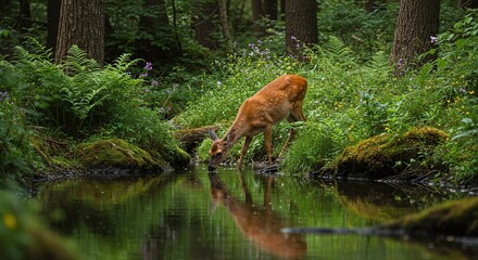 Deer Drinking from Forest Stream Nature Photography