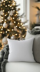 Cozy Living Room with Pillow and Christmas Tree in Soft Lighting