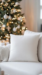 Cozy White Pillow on Sofa Beside Beautiful Christmas Tree Decoration