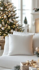 Cozy Living Room with Christmas Tree and White Decorative Pillows