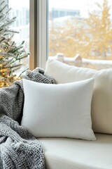 Cozy Living Room Scene with White Pillow and Knit Blanket
