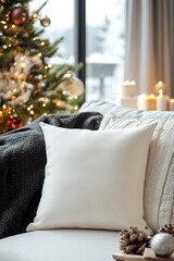 Cozy Living Room Decor with Christmas Tree and Soft Textiles