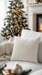 Cozy Living Room Decor with Christmas Tree and Soft Textiles