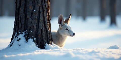 A Pale Creature's Winter Hideaway A Serene Scene of a White Animal Seeking Shelter Behind a Tree Trunk in a Snowy Forest