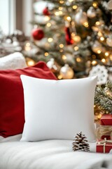 Elegant White Pillow on Cozy Sofa with Christmas Tree Background