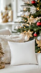 Cozy Living Room with White Pillow and Christmas Tree Decorations