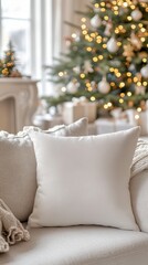 Cozy Living Room with White Pillow and Christmas Tree Decor