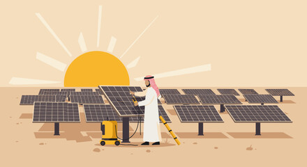 Arab Man Installing Solar Panels In Desert Under Sunny Sky For Renewable Energy Generation