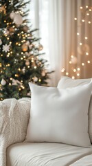 Cozy Living Room with White Pillow Near Christmas Tree Decoration