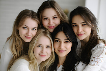 Group of young women smiling, diverse friends posing together, casual attire, warm atmosphere, perfect for camaraderie themes.