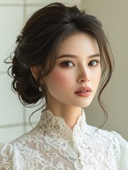 Portrait of a Beautiful Asian Woman in Elegant Lace Dress
