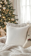 Cozy Living Room with White Pillow and Christmas Tree Background