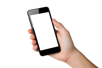 hand holding a smartphone with a mobile phone blank screen and white screen for touchscreen device technology and communication