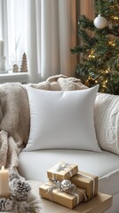 Cozy Living Room with Decorative Pillow and Holiday Gifts