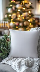 Cozy Christmas Living Room with Blank Pillow and Tree Lights