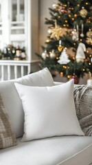 Cozy Living Room Decor with White Pillow and Christmas Tree Background