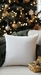 Cozy White Pillow on Sofa with Christmas Tree in Background