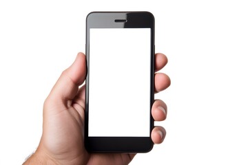 hand holding a smartphone with a mobile phone blank screen and white screen for touchscreen device technology and communication