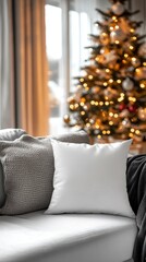 Cozy Living Room Scene with Christmas Tree and Decorative Pillows