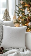 Cozy White Pillow on Sofa with Christmas Tree and Decorations
