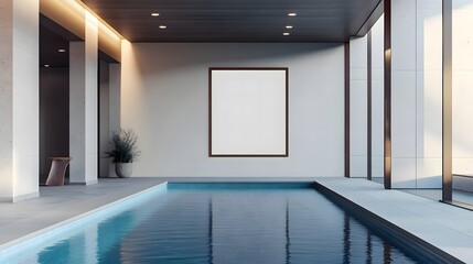 Modern minimalist indoor pool area with blank art frame and serene water reflection