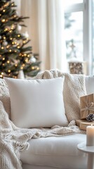 Cozy Living Room with White Pillow and Christmas Tree Decor