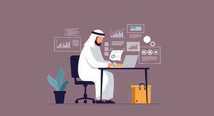 Arabian Businessman Working On Laptop At Desk With Data Charts Against A Purple Background