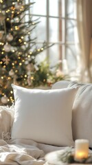 Cozy Holiday Scene with Soft Pillow and Christmas Tree Background