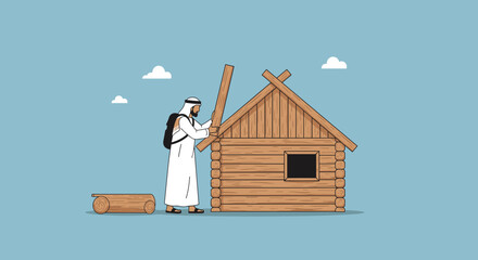 Construction Worker Assembling Pixelated Wooden House Under Blue Sky with Clouds and Backpack